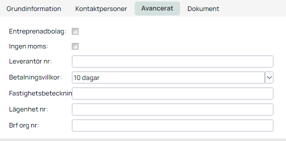 Avancerat-fanen med leverandør- og betalingsinnstillinger