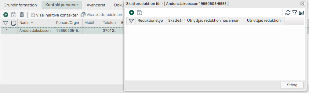 Skattereduktion-dialog åpen fra Kontaktpersoner-fanen