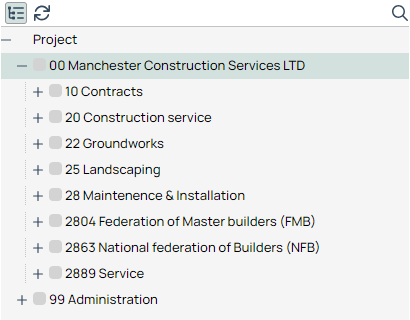 Project tree — company subproject structure expanded