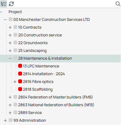 Project tree — maintenance and installation category expanded