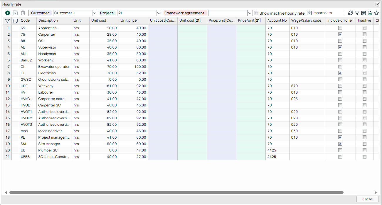 Hourly Rate dialog with project and customer filter