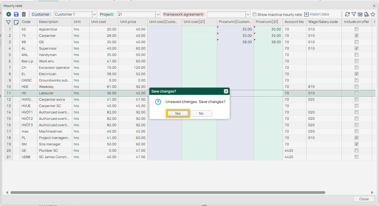 Hourly Rate — Save Changes dialog prompt