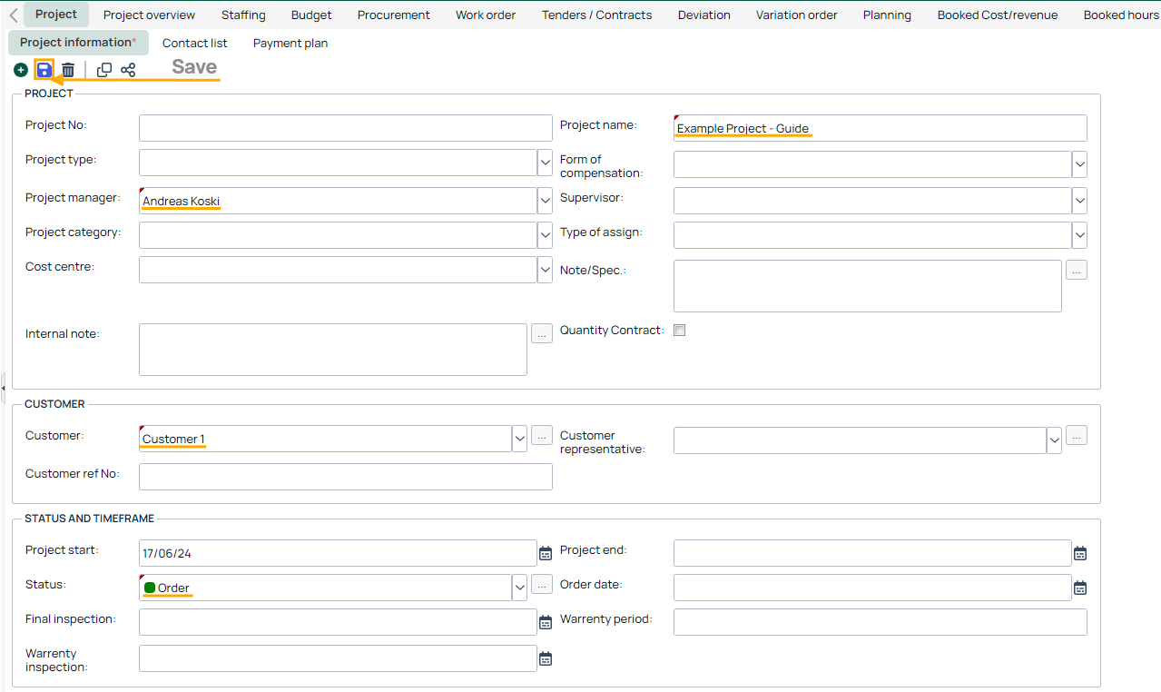Project Information form with required fields highlighted