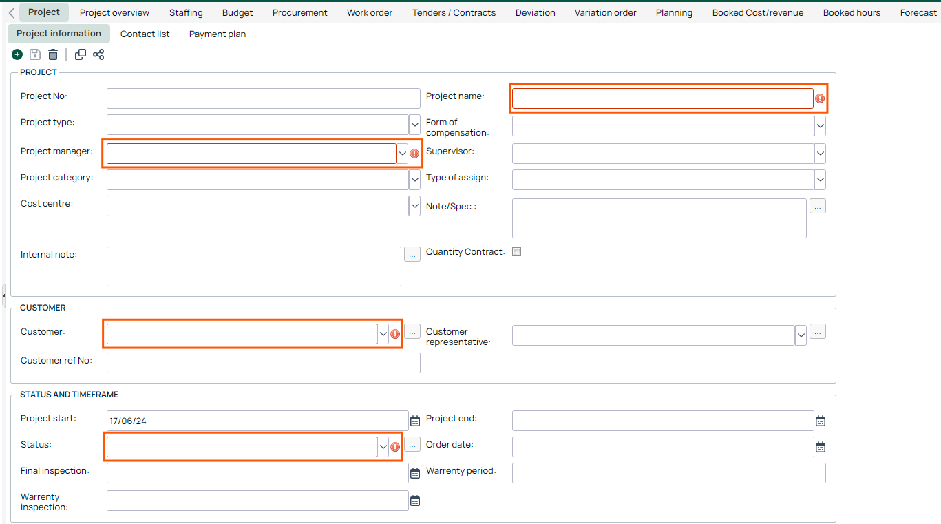 Project — New Project Information form with required fields highlighted