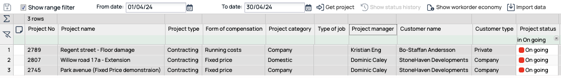 Project list filtered by date range and status