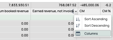 Revenue table column context menu open
