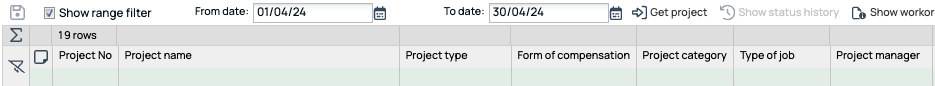 Project list with date range filter toolbar
