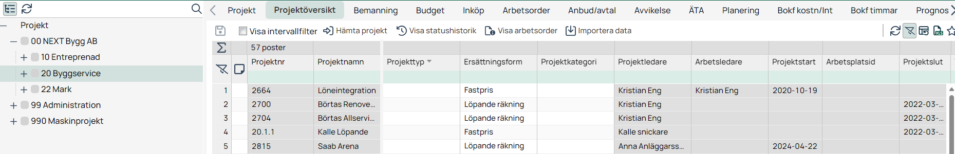 Projektöversikt — lista med projekt och kolumner