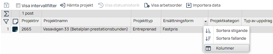 Projektlista med kolumnsorteringsmeny öppen