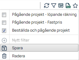 Filtermeny med sparade projektfilter och alternativ