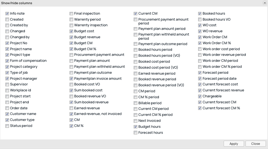 Show/hide columns dialog with column checkboxes