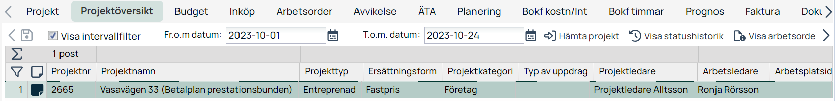 Projektöversikt med intervallfilter och ett projekt listat