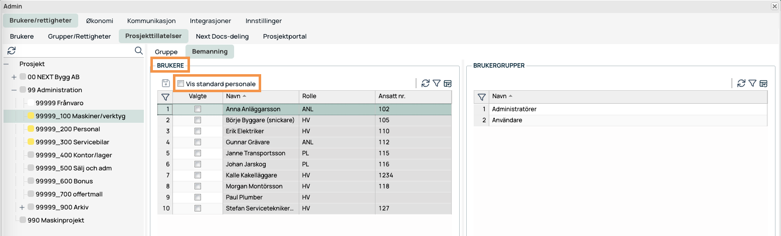 Admin — Prosjekttillatelser Bemanning-fane med brukerliste