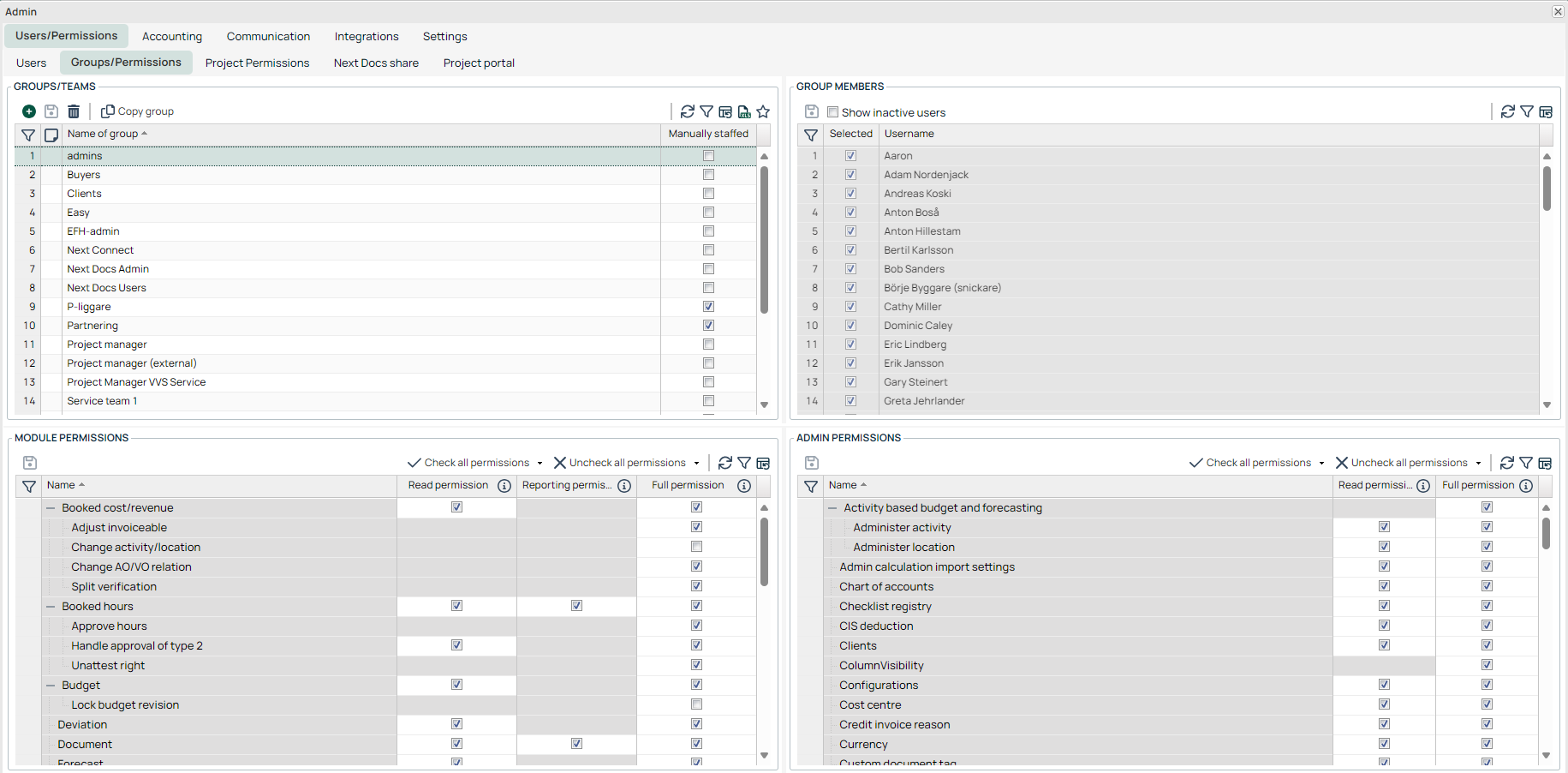 Admin — Groups/Permissions management screen