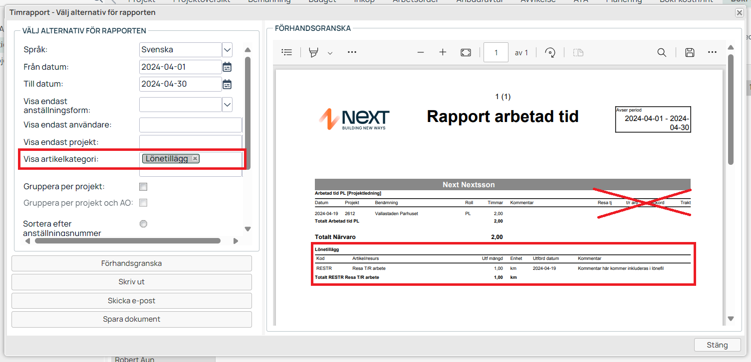 Timrapport – välj alternativ och förhandsgranska rapport arbetad tid