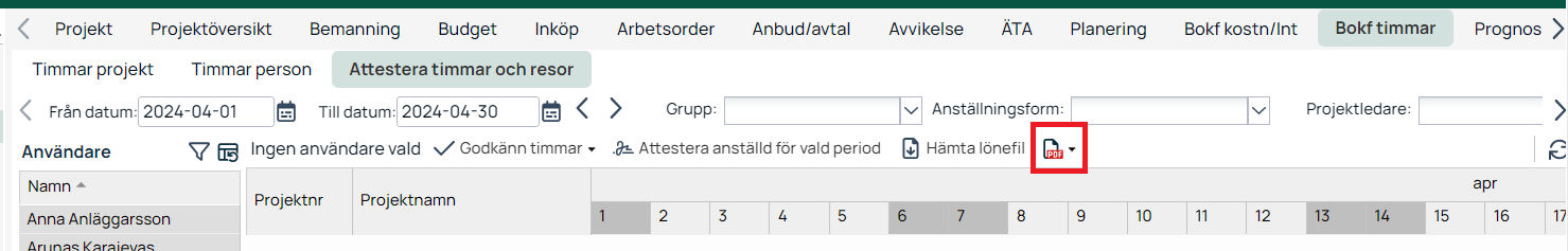 Bokf timmar — Attestera timmar och resor, PDF-export markerad