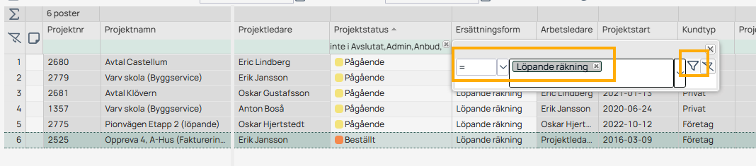 Prosjektliste med aktiv kolonnefilter på Ersättningsform
