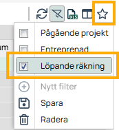 Filtervalg-meny med Løpende räkning valgt