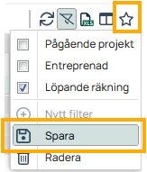 Filtervalg med lagringsalternativ i prosjektliste