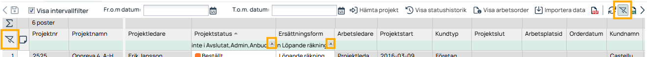 Prosjektliste med kolonnefiltre og intervallfilter aktivert