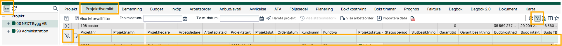 Projektöversikt med lista över projekt i affärssystem