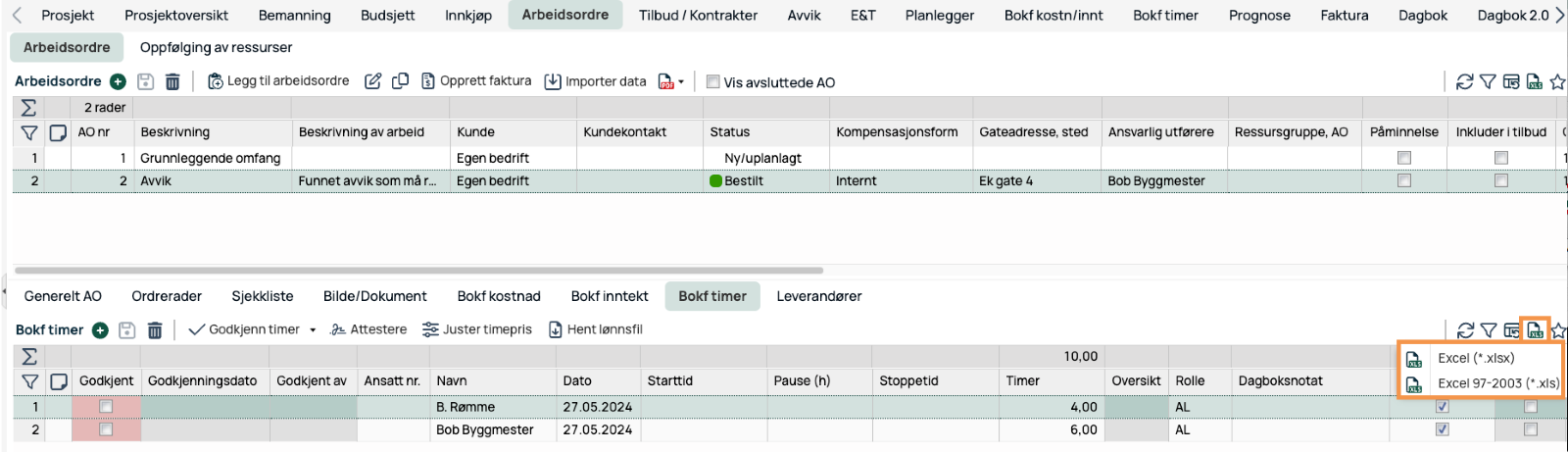 Arbeidsordre — Bokf timer med Excel-eksport meny åpen