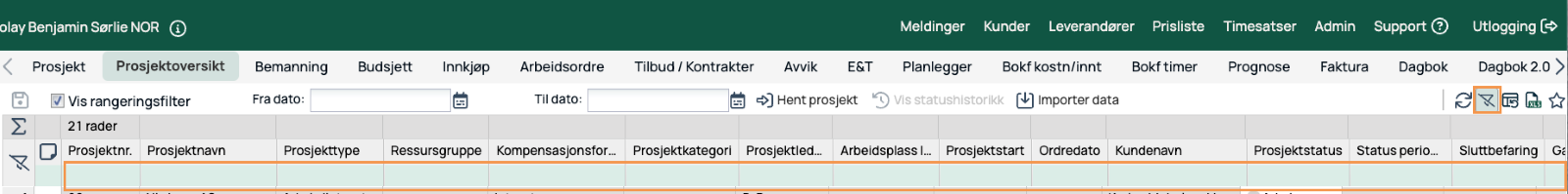 Prosjektoversikt — liste med prosjekter og filteralternativer