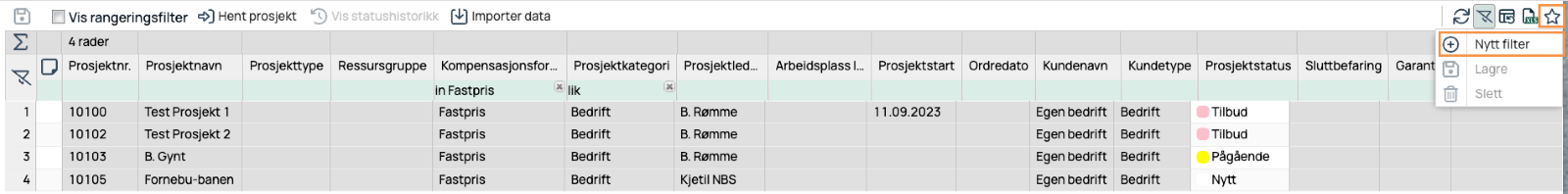 Prosjektliste med filteralternativer — Nytt filter, Lagre, Slett
