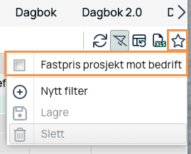 Dagbok — filtermeny med lagret filter valgt