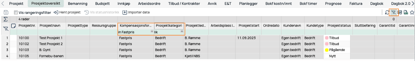 Prosjektoversikt med aktive kolonnefiltre på kompensasjonsform og prosjektkategori