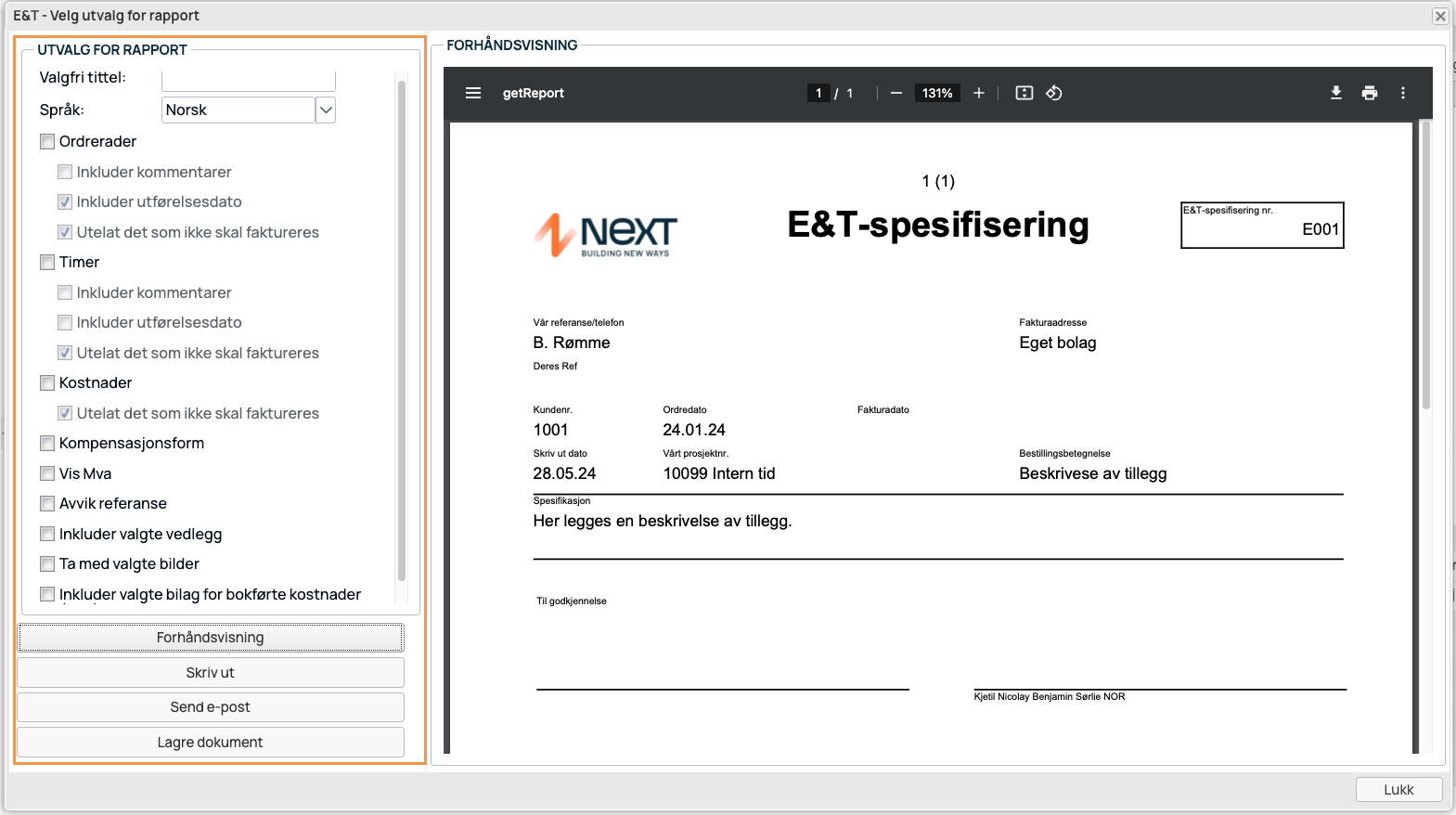 E&T-rapport — velg utvalg og forhåndsvisning av spesifisering