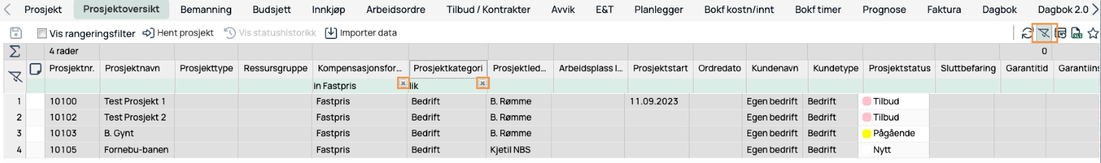 Prosjektoversikt — liste med prosjekter og kolonnefiltre aktive