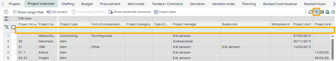 Project Overview — filtered project list view