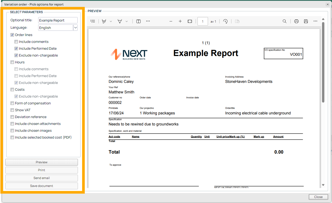Variation Order — Pick options for report dialog