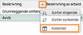 Kolonnevelger-meny åpen i tabellvisning