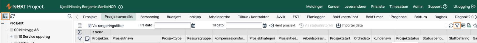NEXT Project — Prosjektoversikt med kolonner og filtervalg
