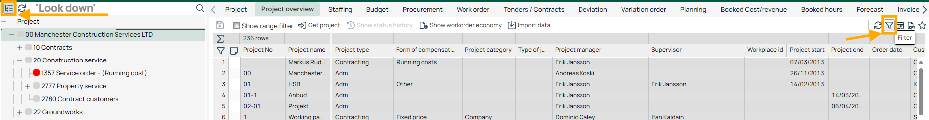 Project Overview list with Filter button highlighted