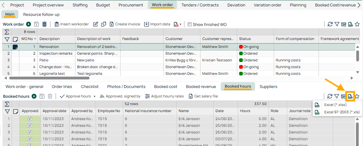 Work Order — Booked Hours export options menu