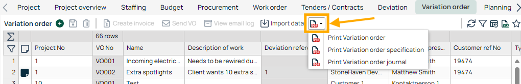 Variation Order — Print options dropdown menu