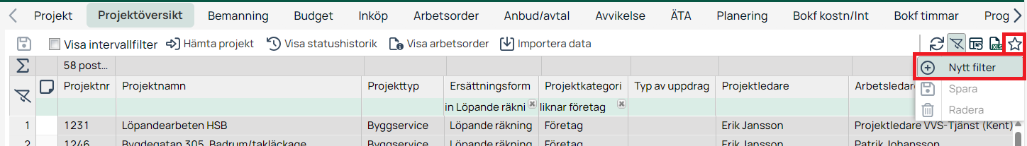 Projektöversikt med filteralternativ — Nytt filter markerat