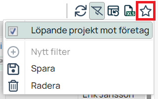 Favoritmeny med filteralternativ för löpande projekt