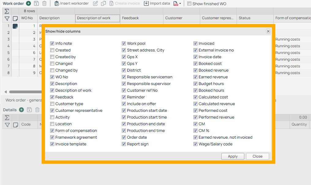 Work Order — Show/Hide Columns dialog