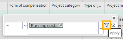 Filter panel with active filter on project category