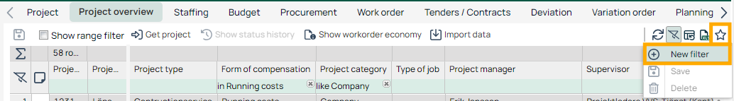 Project Overview — New Filter dropdown menu open