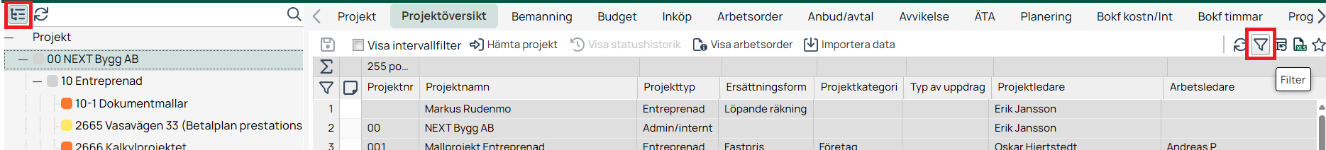 Projektöversikt med projektlista och filteralternativ