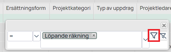 Filterinställning för kolumn med värdet Löpande räkning