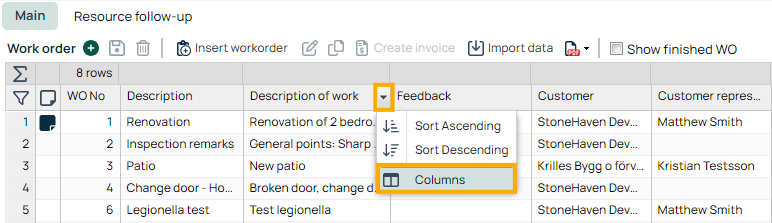 Work Order list — column options dropdown menu open