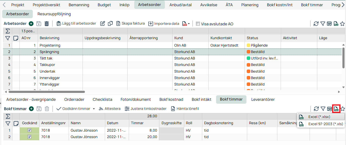 Arbetsorder — Bokf timmar med Excel-exportmeny öppen