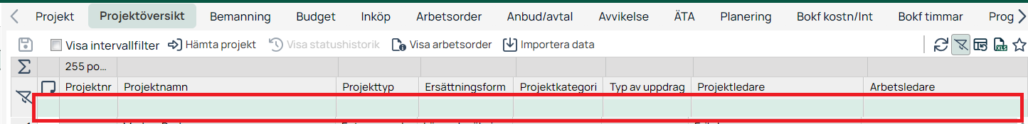 Projektöversikt — filterrad i projektlista