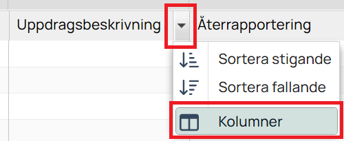 Kolumnmeny med sortering och kolumnval i lista